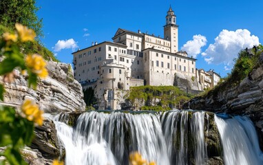Fototapeta premium A castle built into the side of a mountain, with waterfalls cascading around its walls