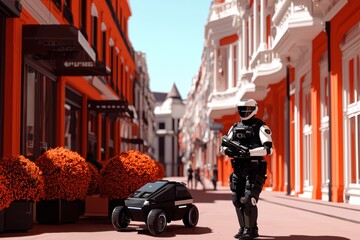 A futuristic police officer patrolling a bustling urban district with a robotic canine partner
