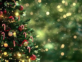 A festive Christmas tree adorned with ornaments and candy canes, set against a blurred background.