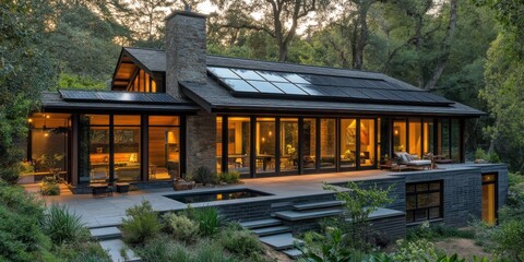 Contemporary forest cottage, tesla solar roof tiles, sustainable design, panoramic windows, morning sunbeams through trees, architectural digest style, atmospheric depth, premium materials