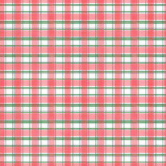 Traditional plaid ornate with wide red and narrow green stripes seamless checkered pattern isolated on white. Hand painted brush stroke striped tartan watercolor illustration. For holiday textiles
