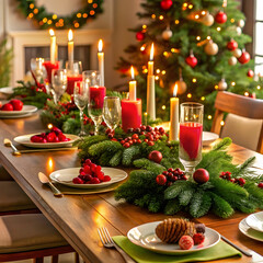 A beautifully set Christmas dinner table adorned with candles