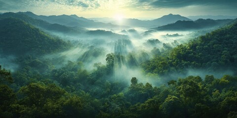 Dramatic mountain vista from above, endless forest canopy beneath, ethereal morning fog dance, sublime light beams, cinematic wide-angle capture, professional landscape photography, atmospheric magic