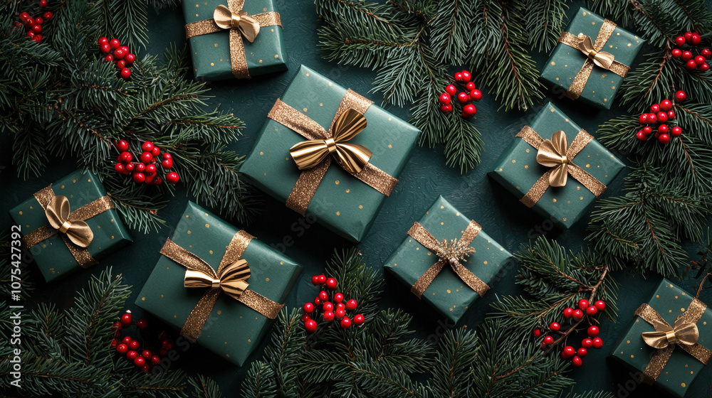 Poster christmas presents featuring green wrapping and golden bows are surrounded by pine foliage and vibra