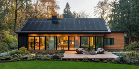 House in the garden with solar panels module. Warm atmosphere