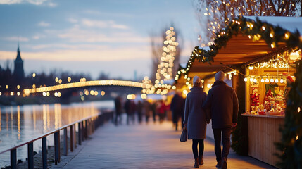 Obraz premium Riverside Christmas Market at Dusk with Holiday Ambiance