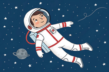 Smiling astronaut floating in space among stars vector illustration.

