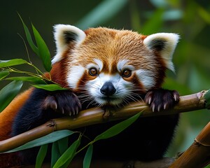Fototapeta premium A red panda rests on a bamboo branch.