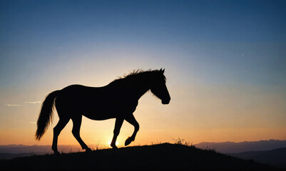 A horse walks across a hill during a sunset