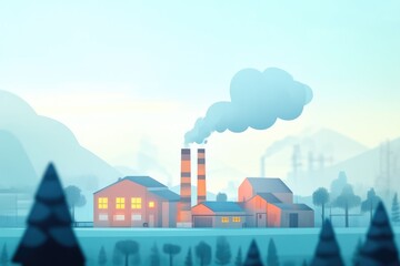 Cartoon Factory with Whimsical Smoke in Simple Style
