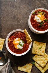 Homemade Beef Chilli served with saltine crackers