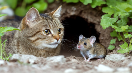 A cat and mouse are close together near a burrow entrance, surrounded by green leaves. Concept of curiosity and unexpected friendship. For animal behavior studies