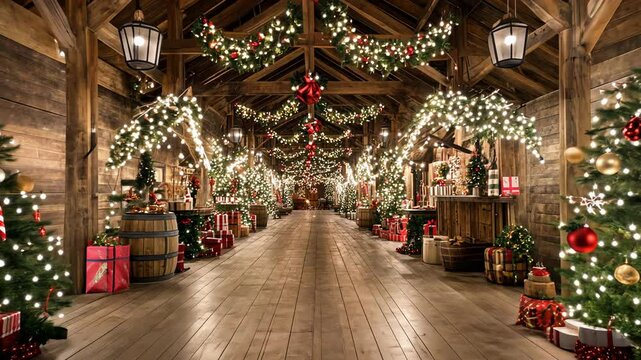 Elegant indoor Christmas market with rows of beautifully decorated trees and overhead string lights. Holiday and celebration concept 