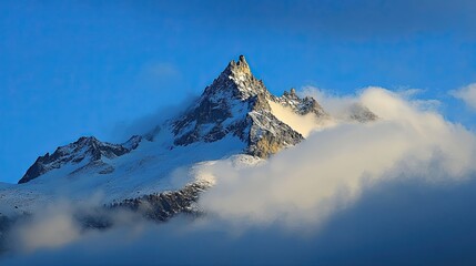 Obraz premium Beautiful landscape of snow-capped mountains surrounded by fog or clouds. Panoramic view of mountainous area with peaks. Illustration for cover, card, interior design, poster, brochure or presentation