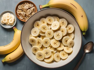 Sliced bananas arranged in a bowl, ready for breakfast or a healthy snack, with a spoon beside the bowl