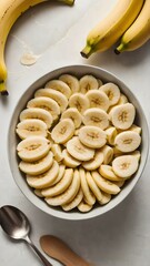 Sliced bananas arranged in a bowl, ready for breakfast or a healthy snack, with a spoon beside the bowl
