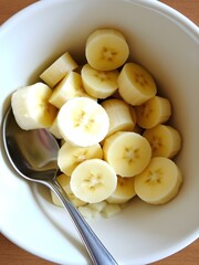 Sliced bananas arranged in a bowl, ready for breakfast or a healthy snack, with a spoon beside the bowl