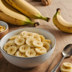 Sliced bananas arranged in a bowl, ready for breakfast or a healthy snack, with a spoon beside the bowl
