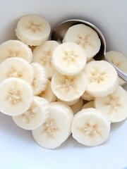 Sliced bananas arranged in a bowl, ready for breakfast or a healthy snack, with a spoon beside the bowl