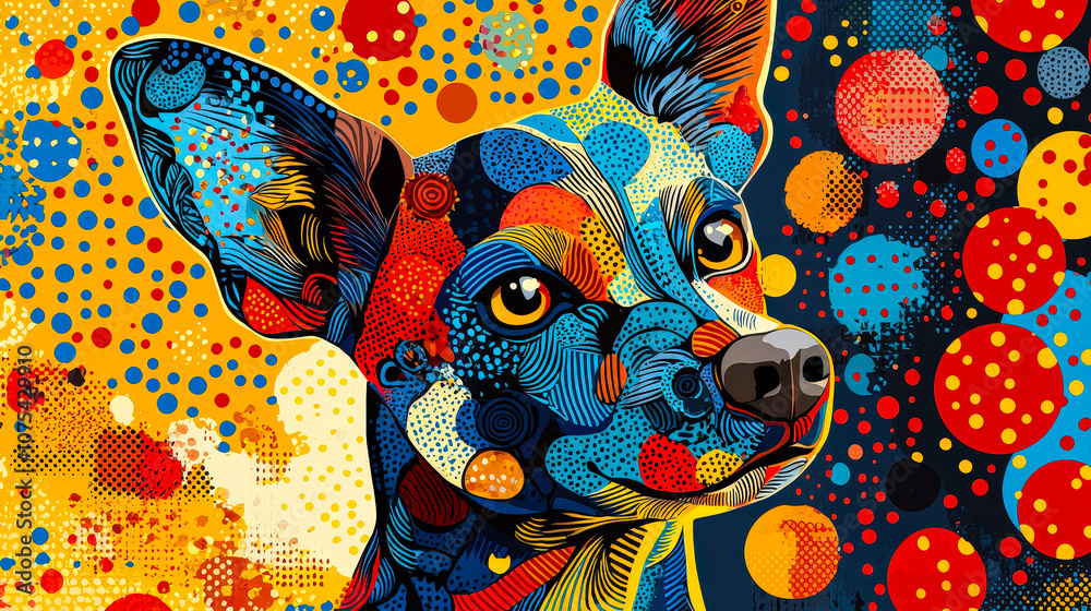 Leinwandbilder a stylized depiction of a dog features vivid colors and patterns, set against a bright, textured bac