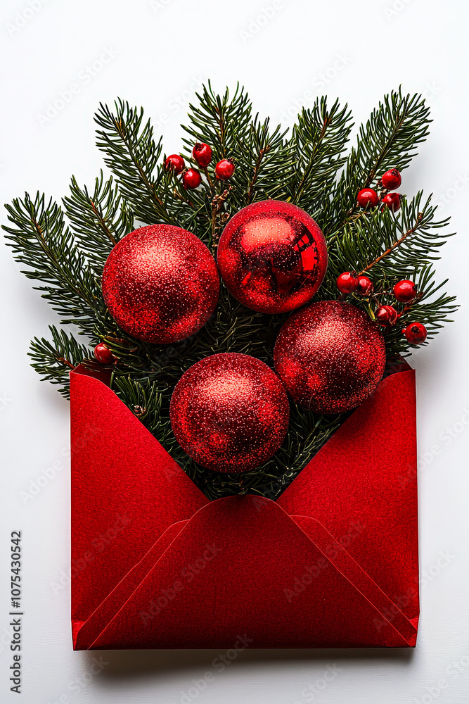 Poster a vibrant red envelope holds shiny christmas ornaments and fresh greenery, creating a festive holida
