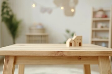 Wooden Table with Playful Toy-Laden Backdrop