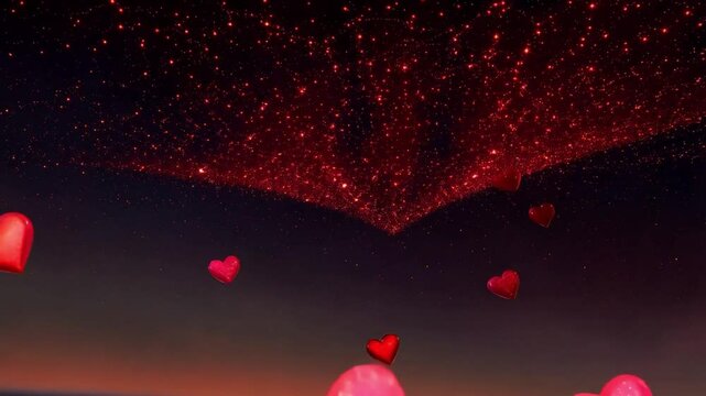 Corazones rojos volando en el cielo nocturno