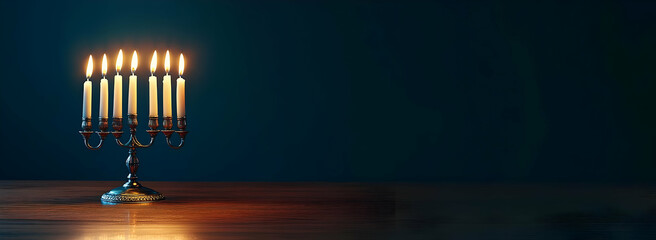 A menorah with lit candles on a wooden table against a dark background.