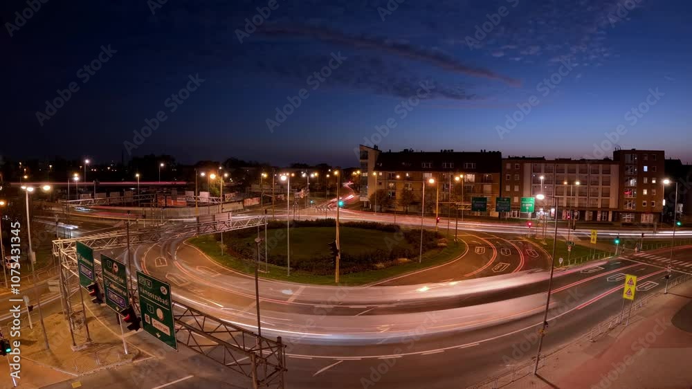 Canvas Prints a city roundabout illuminated at dusk with light trails from passing vehicles, capturing the flow of