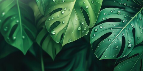 Stunning ultra-realistic image of a green leaf with water droplets glistening on its surface. The background is an abstract blur of vibrant green shades, symbolizing sustainability and natural beauty.