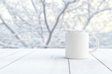 A warm mug sits on a wooden table with a serene winter landscape in the background featuring snow-covered branches