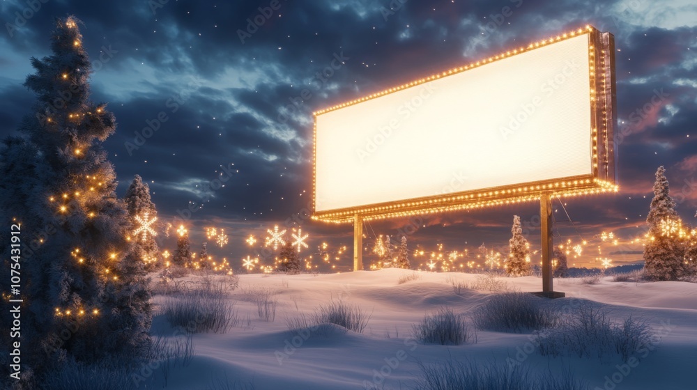 Aufkleber A large billboard illuminated with string lights stands in a snowy field at night. Pine trees decorated with lights and snowflakes are scattered throughout the landscape.