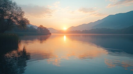 Naklejka premium A serene lake reflecting a vibrant sunrise over mountains