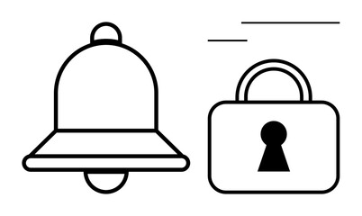 Simple line art of a notification bell and a padlock with keyhole, signifying alerts and security. Ideal for apps, websites, notifications, security measures, privacy, alerts, and user interfaces