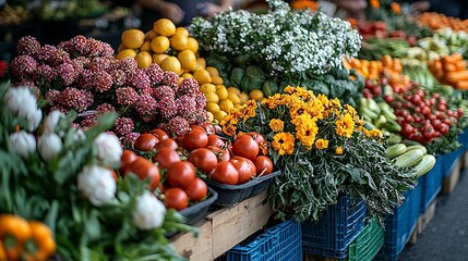 A vibrant display of fresh produce at a local farmers market, showcasing colorful vegetables, fruits, and flowers.