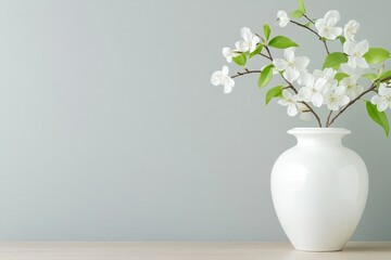 A white vase filled with blossoming branches sits elegantly on a wooden table against a gray wall in soft, natural light