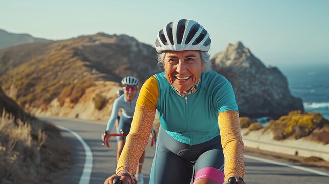 Smiling Senior Woman Enjoying a Coastal Bike Ride with Fellow Cyclist on a Scenic Road
