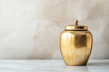 A beautiful golden urn sits elegantly on a marble surface against a soft, neutral backdrop