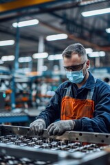 Male Factory Worker Handling Metal Parts in Industrial Facility with Safety Gear