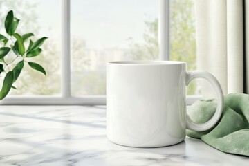 A serene morning setting with a white coffee mug on a marble table beside a green cloth and window views of nature