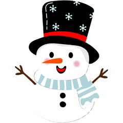 Cheerful cartoon snowman with a festive hat and scarf, rosy cheeks, and a big smile. Ideal for holiday designs, cards, or winter decorations