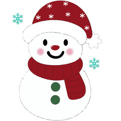 Cheerful cartoon snowman with a festive hat and scarf, rosy cheeks, and a big smile. Ideal for holiday designs, cards, or winter decorations