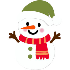 Cheerful cartoon snowman with a festive hat and scarf, rosy cheeks, and a big smile. Ideal for holiday designs, cards, or winter decorations