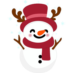 Cheerful cartoon snowman with a festive hat and scarf, rosy cheeks, and a big smile. Ideal for holiday designs, cards, or winter decorations