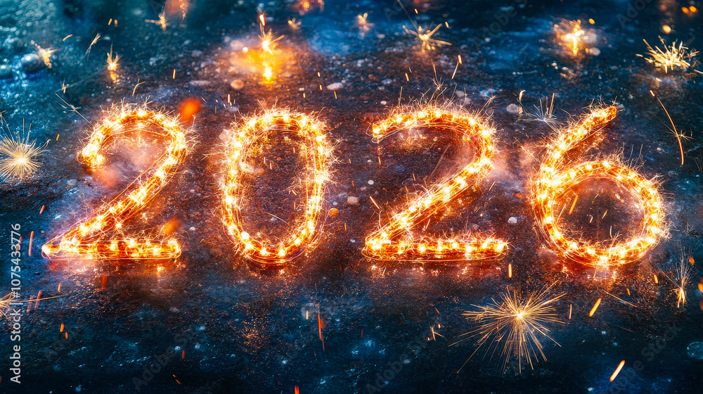 Poster Sparklers spell out the year 2026, creating a festive atmosphere as fireworks illuminate the night sky