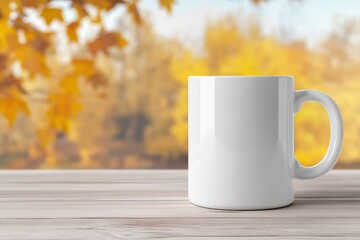 Obraz premium A blank white coffee mug sits on a wooden table against a backdrop of vibrant autumn foliage in soft sunlight