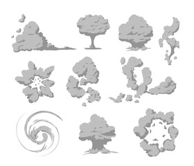 Vector illustration of set with smoke effect sketches image in gray color on isolated background.