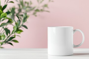 A simple blank white coffee mug placed on a wooden table against a soft pink background with a touch of greenery