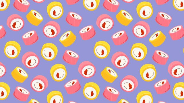 4K animated pattern of rolls moving from left to right. Sushi in a hand-drawn style creating a repeatable background. Horizontal video.