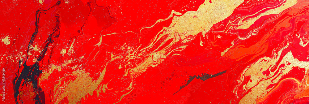 Poster Vivid red and gold abstract art depicting swirling patterns and textures created on a canvas during a late afternoon art session
